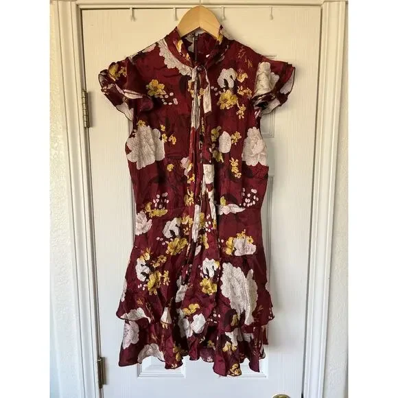 Alice + Olivia Lashay Tie Neck Ruffle Silk Mini Dress Floral Size 8 - Picture 8 of 12